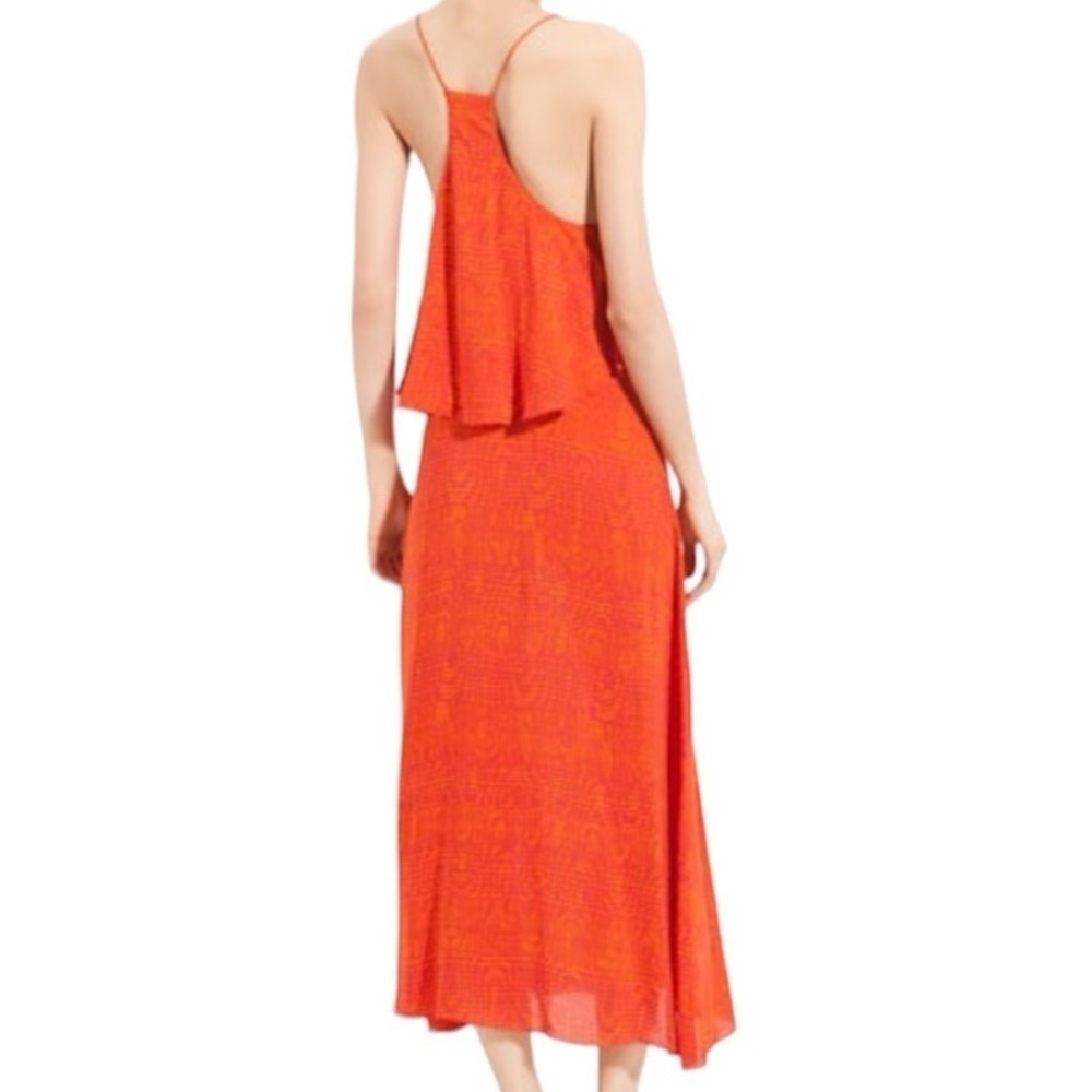 Thakoon Collective- Orange & Red Printed Thin Strap Ruffle Layered Midi Dress